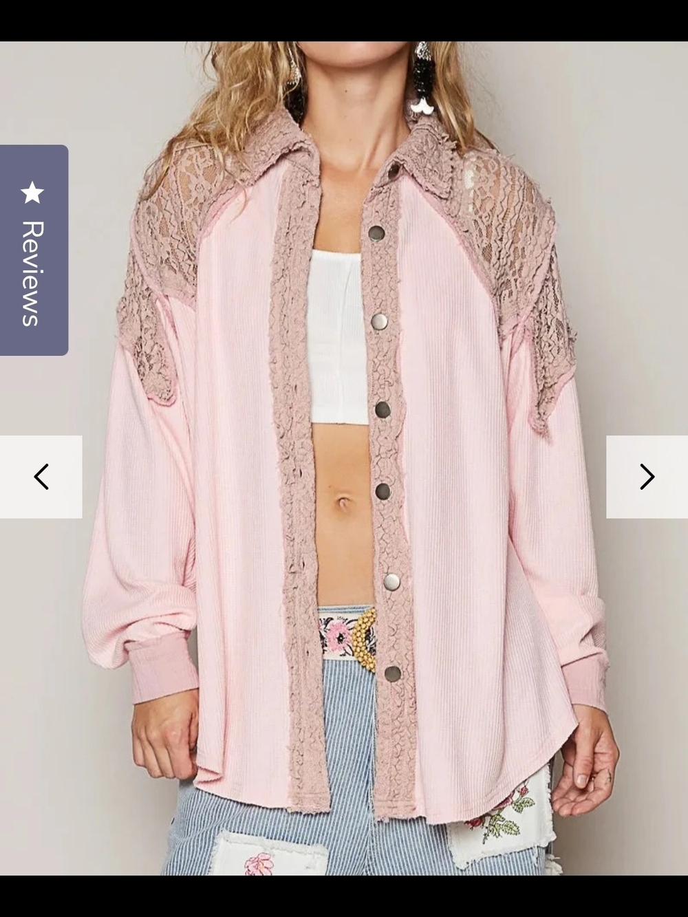 NEW!!! POL Light Pink Lace-Trim Button Front Women’s Shirt, Sz Large